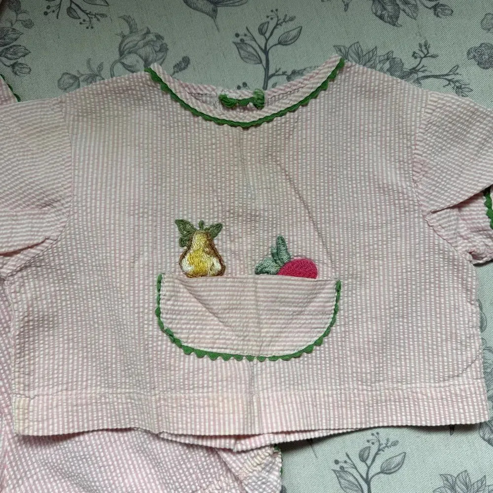 Vtg 90s Toddler Girl 3T Pink Green Gingham Seersucker Shortall Romper Shirt Set